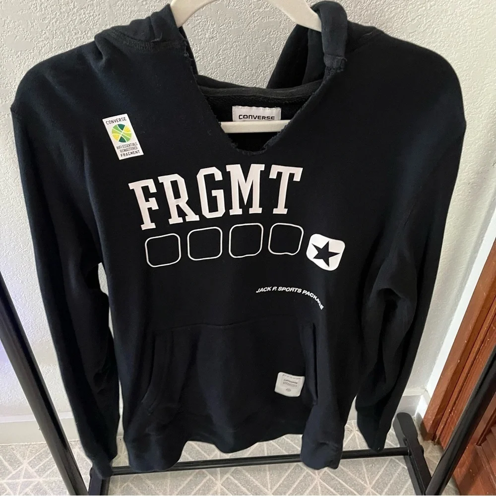 FRAGMENT x CONVERSE sz S Black Pullover Fleece Hoodie Long Sleeve Bolt - Picture 3 of 9